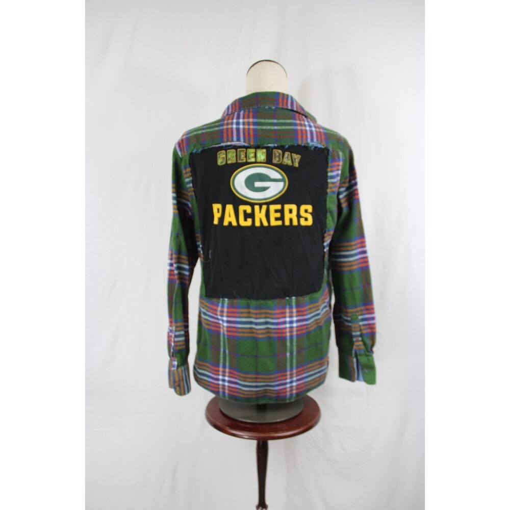 Packers Flannel Green Bay Upcycled Youth Button Down NFL Football Size 15-16